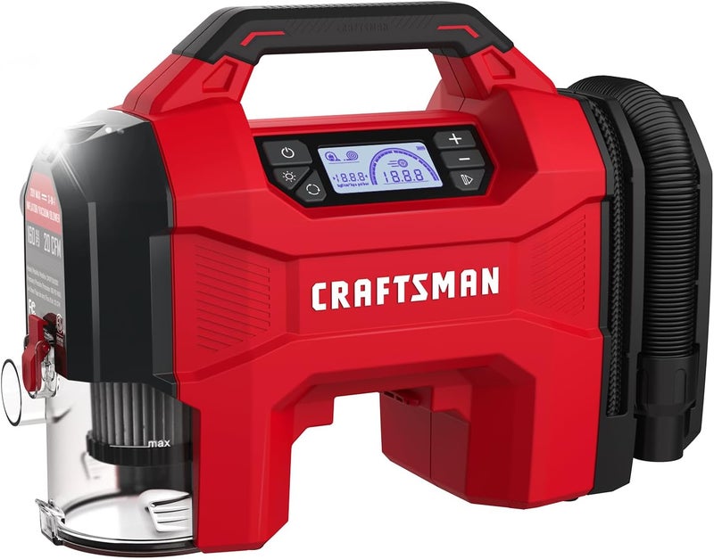 CRAFTSMAN مضخة هواء 3 في 1، 160 PSI ضاغط هواء محمول/مكنسة سيارات/نفاثة غبار، 20 فولت لاسلكية و12 فولت طاقة سيارة، مضخة هواء مع ضوء LED للسيارات والشاحنات وإطارات RV (البطارية تباع بشكل منفصل) - Image 1